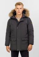 Men winter parka jacket faux fur hood dark grey with waterproof outer shell and insulated padding for warmth.