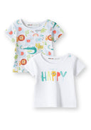 Baby short sleeve t-shirt 2 pack shoulder snaps white 0-12m featuring colorful animal prints and slogan design. Comfortable fit.