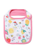 Babies feeding bibs 2-pack popper fastening pink 0-12m, soft cotton featuring colorful fruit patterns and adjustable popper neck for infants.
