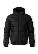 Men's black padded jacket, front view, features a hood and front pockets.