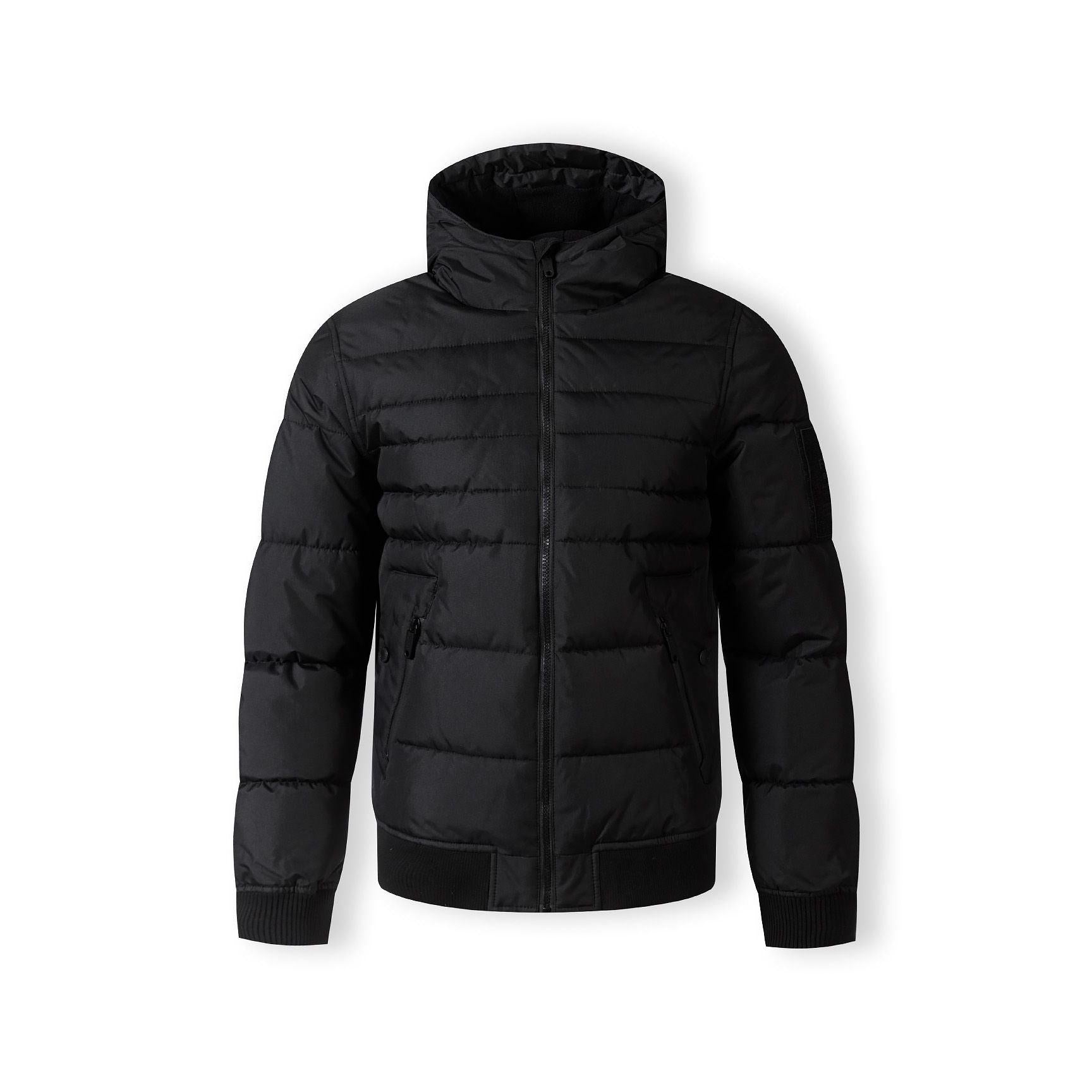 Black padded jacket laid flat showing quilted pattern, hood design, front zip closure and ribbed hem and cuffs against white background