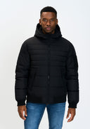 Men's hooded black padded jacket, front view, featuring ribbed cuffs and front pockets.