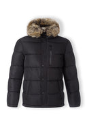 Men's black padded jacket with faux fur trim, front view, featuring a zip chest pocket and button closure.