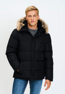 Men's black padded jacket with faux fur trim, front view, featuring a hood and zip chest pocket.