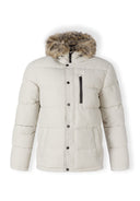 Men's padded jacket in grey with faux fur trim, front view, featuring a hood and zippered chest pocket.