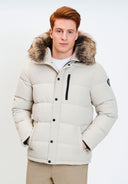 Men's padded jacket in light grey with faux fur hood, front view, featuring zippered chest pocket and sleeve badge.