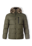 Men's khaki padded jacket with faux fur trim, front view, zip chest pocket.