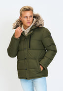 Men's khaki padded jacket with faux fur trim, front view, featuring a zip chest pocket and ribbed cuffs.