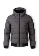 Men's grey padded jacket with hood, featuring zippered front pockets and ribbed cuffs.