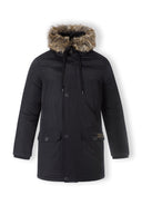 Men's black padded parka jacket with faux fur hood, front view, featuring quilted design and two external pockets.