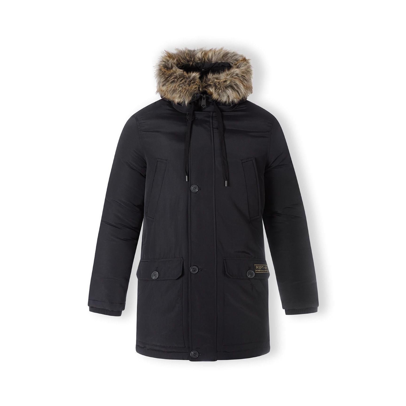 Black padded parka jacket laid flat showing back view with hood and faux fur trim detail against white background