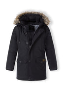 Men's black padded parka jacket with faux fur hood, front view, featuring multiple pockets and a badge detail.