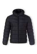 Men's black padded jacket, front view, with hood and zippered pockets.