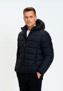 Men's black padded jacket with hood, zip pockets, front view.