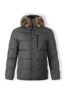 Men's grey padded jacket with faux fur trim, front view, featuring zip chest pocket and button closure.