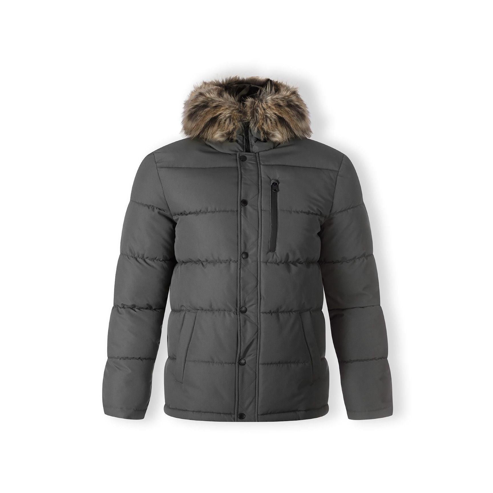 Grey puffer jacket laid flat showing quilted construction, faux fur hood trim, front zip closure and chest pocket detail