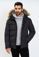Men's padded jacket in grey with faux fur trim, front view, featuring a zip chest pocket.