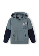 Boys hoodie in blue with double layer sleeves, featuring a kangaroo pocket and ribbed cuffs.