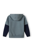 Boys hoodie in blue with double layer sleeves, back view, featuring a kangaroo pocket and ribbed cuffs.