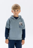 Boys hoodie in blue with double layer sleeves and kangaroo pocket, front view.