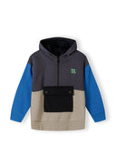 Boys hoodie with half zip, grey and blue color block design, featuring a front pocket and ribbed cuffs.