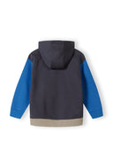 Boys hoodie, grey with blue sleeves, back view, features a hood and ribbed hem.