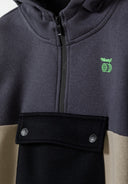 Boys hoodie in grey with half zip, featuring ribbed cuffs and a printed design.