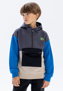 Boys hoodie in grey with half zip, featuring a color block design and ribbed cuffs.