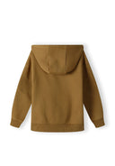 Boys beige hoodie, back view, features a hood and ribbed hem.