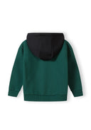 Boys half zip hoodie in dark green, back view with black hood and ribbed cuffs.
