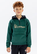 Boys half zip hoodie in dark green with front pocket and ribbed cuffs.