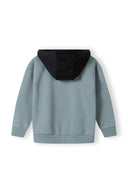 Boys half zip hoodie in blue with a black hood, back view, featuring ribbed cuffs.