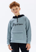 Boys half zip hoodie in light blue with front pocket and logo detail.