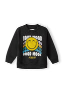 Boys black sweatshirt with graphic smiley face, crew neck, and ribbed cuffs.