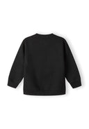 Boys black sweatshirt, back view, ribbed cuffs and hem.