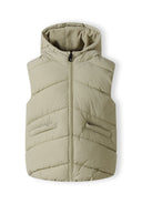 Boys padded gilet in grey with chevron pattern, front view, featuring a zip closure and two pockets.