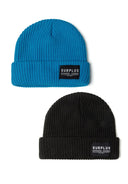 Two-pack ribbed-knit hats in turquoise and black with logo badge, front view.