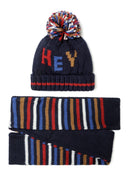 Boys knitted hat and scarf set in navy with multicolored pom pom and striped scarf detail.