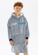 Boys oversized fleece hoodie in grey with kangaroo pocket and hood, front view.