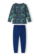 Boys long sleeve pyjama top with patterned design and navy legging bottoms, front view.