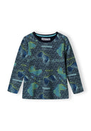 Boys long sleeve pyjama top in navy with abstract pattern, front view.