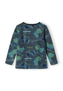 Boys long sleeve pyjama top in navy with abstract pattern, front view.