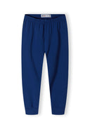 Navy legging-style pyjama bottoms with ribbed cuffs, front view.