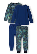 Boys long sleeve pyjama set in navy with patterned leggings, back view.