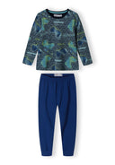 Boys long sleeve pyjama set with legging bottoms, navy and patterned top.
