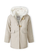 Girls padded jacket in light grey with fur-trimmed hood, front view, featuring two pockets and toggle fastenings.