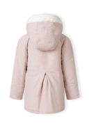 Back view of a girls' pink padded jacket with a fur-trimmed hood and pleat detail.