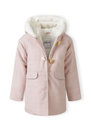 Girls padded jacket in pink, front view with fur-trimmed hood and two front pockets.