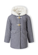 Girls padded jacket in navy with faux fur hood, front view, featuring toggle fastenings and pockets.
