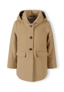 Girls padded coat in beige, front view with button fastening and two patch pockets.